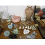 Decorative glassware and model animals to include ceramic swans, decanter labels, glass vases,