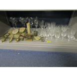 Mixed glassware and dressing table items to include five Waterford glasses, lace, a tapestry