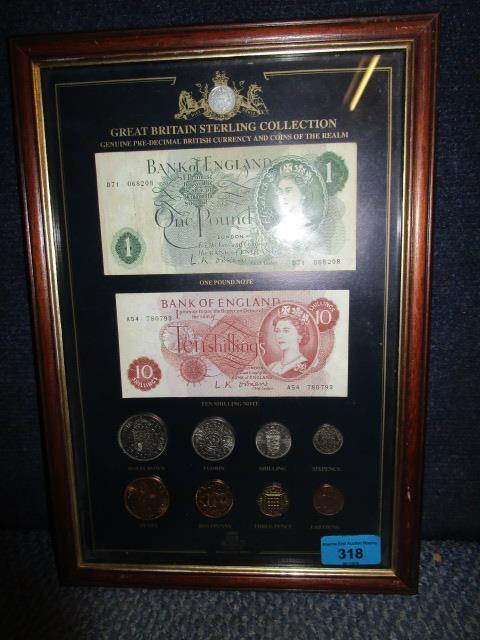 A framed and glazed Great Britain Sterling Collection of pre-decimal currency and Coins of the Realm