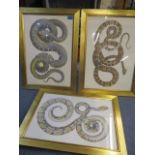 Three modern prints depicting snakes 21" x 14 3/4", framed