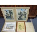 Two retro Diaz prints of continental street scenes, two other prints and a vintage French restaurant