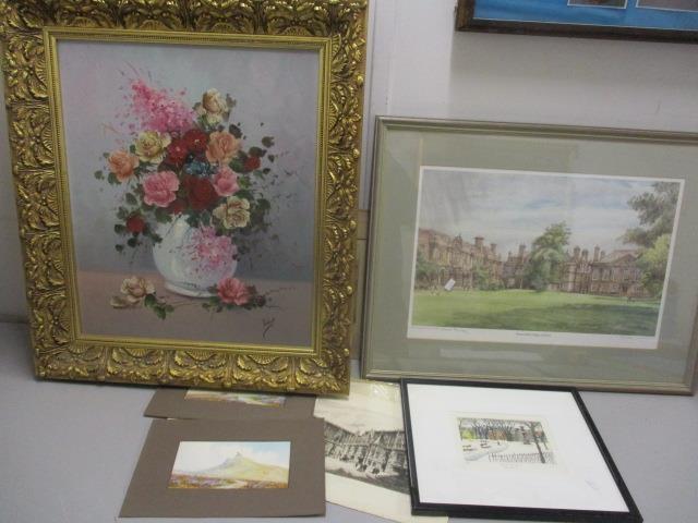 Mixed pictures to include watercolours signed D H Pinder, a still life, signed print and others