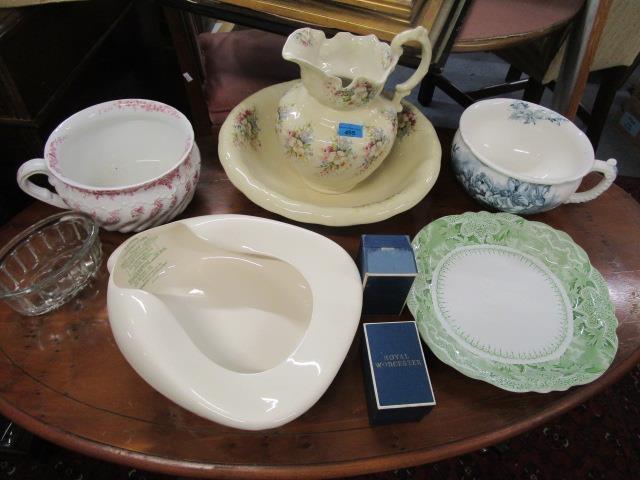 A selection of Victorian stoneware and china to include a chamber pot and a bed pan