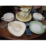 A selection of Victorian stoneware and china to include a chamber pot and a bed pan