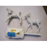 A Meissen figure of a calf A/F and a fawn, and a small dressing table box