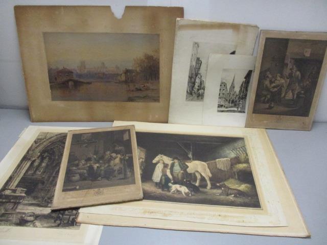 A folio of mixed pictures to include E Tucker - a 19th century watercolour depicting figures and