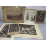 A folio of mixed pictures to include E Tucker - a 19th century watercolour depicting figures and