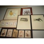 A pair of Cecil Aldin prints of dogs, framed early 20th century photographs and three other prints