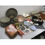 A mixed lot to include a warming pan, scales, blue and white china, a pestle and mortar, pens and