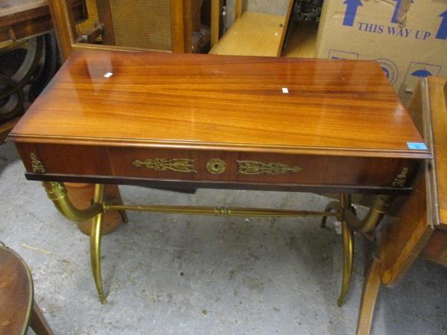 A mid 20th century French style exotic wood side table having a single inset drawer, applied gilt