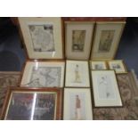 Prints to include reproduction maps, F Robson - a street scene etching and another similar Spy print