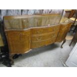 A reproduction burr walnut veneered sideboard, standing on cabriole legs, 36" h x 60"w