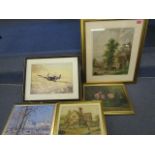 A group of five pictures to include a still life oil painting, prints and a Victorian watercolour