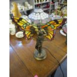 A composition bronze finished lamp fashioned as an angel with coloured wings, 16" h