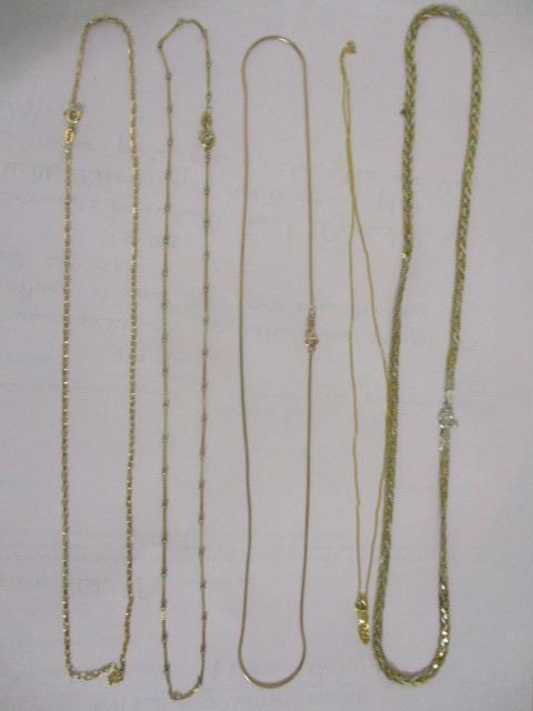 Five necklaces to include one stamped 925, three stamped 375 and one stamped 585