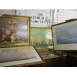 Mixed pictures to include a print depicting a still life, 25" x 21", framed
