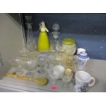 A mixed lot to include cut glass decanters, Babycham glasses, dressing table items and other items