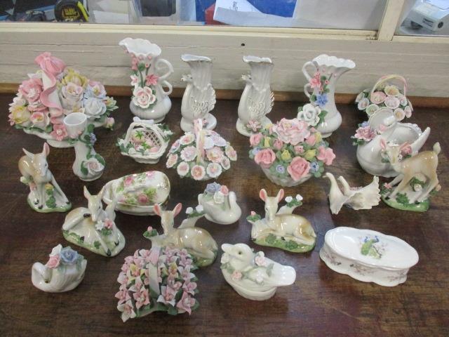 Mixed ceramics to include trinket boxes, flower ornaments, deer ornaments and others