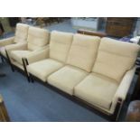 A modern three seater sofa and two armchairs with hardwood frames