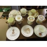 Commemorative ceramics to include Paragon china mugs with lids/saucers, a Royal Doulton cup,