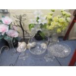 Artificial flower displays to include illuminated examples, sea shells and a glassware to include