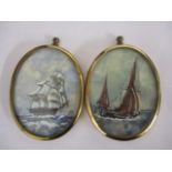 Two mid 20th century miniature watercolours depicting sailing boats, initialed, 3" x 2 1/2"