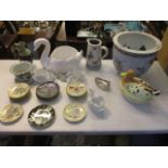 Decorative ceramics to include swan planters, a Chinese fish bowl planter, calendar plates and other