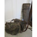 A leather satchel, a fisherman's satchel and a leg of mutton shot gun case