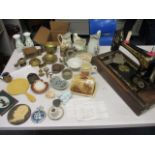 A mixed lot to include brassware, Victorian earthenware jugs, RAC badge, a 1908 Singer sewing