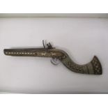 A 20th century bone inlaid Turkish Flintlock action pistol decorated with animals and floral motifs,