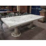 A composite stone Garden Table with twin corinthian column supports, 5ft 11in W x 2ft 2in H