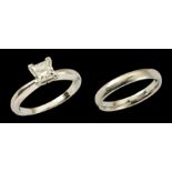 A Diamond single stone Ring claw-set princess-cut stone estimated 0.50cts, in platinum, ring size I,
