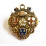 A 15ct gold Lancashire, Cheshire and Yorkshire Rugby Union Badge for 1892-1900 with enamel detail,