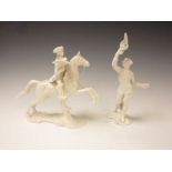 Two Nymphenburg white glazed figures of falconers, one on horseback, the other standing, green