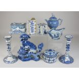 A mixed group of blue and white Delft Items, including an 18th Century Dutch drum posset pot and