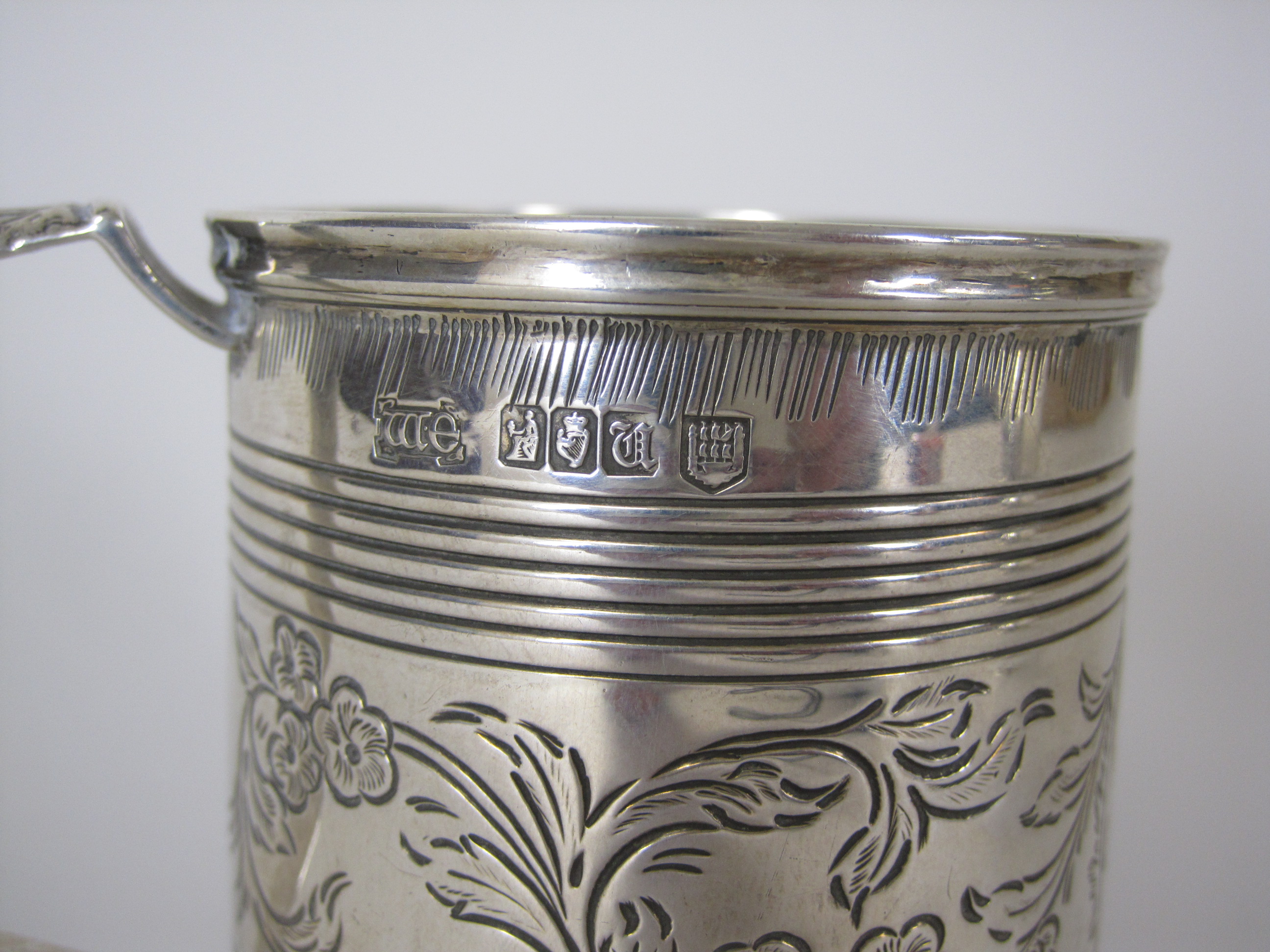 A George V Irish silver Christening Mug with reeded bands, floral and leafage frieze, engraved - Image 3 of 13