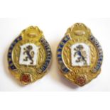 Two 9ct gold 1925 Swinton Rugby League Badges with enamel detail, approx 53gms