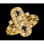 A Sapphire and Diamond Cocktail Ring claw-set a row of two brilliant-cut diamonds and two round