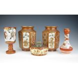 Four Japanese Kutani porcelain Vases and an associated circular Jar with plated metal cover (5)