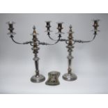 A pair of 19th Century Sheffield plated two branch, three light Candelabra with foliate bands on