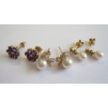 A pair of Cultured Pearl and Diamond Ear Studs in 14ct gold, a pair of Cultured Pearl and Diamond