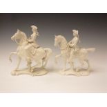 Two Nymphenburg white glazed equestrian figures of lady and gentleman, green printed and impressed