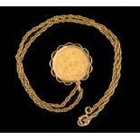 A George V Sovereign 1911 in 9ct gold Pendant mount of rope twist chain, 16gms all in