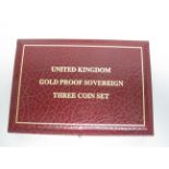 A UK gold Proof Three Coin Set 1992, Half Sovereign, Sovereign and Two Pounds (Double Sovereign)