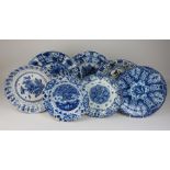 Seven 18th Century Northern European blue and white Delft Dishes, including karaka-type dishes,