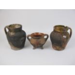 Two Medieval stoneware Jugs with orange peel glazed rim, 7 1/2 in and 8in, and a similar two handled