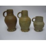 Three early Rheinish stoneware Jugs with reeded bands and loop handles, 5 1/2 - 8 1/2 in