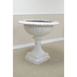 A large cast iron Garden Urn with gadroon design on square base, 3ft D x 3ft 1in H and a pair of