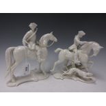 Two Nymphenburg white glazed equestrian figures of huntsmen, one with hound the other with a hunting