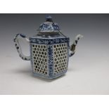 A Chinese reticulated blue and white hexagonal Teapot with domed top, decorated floral and leafage